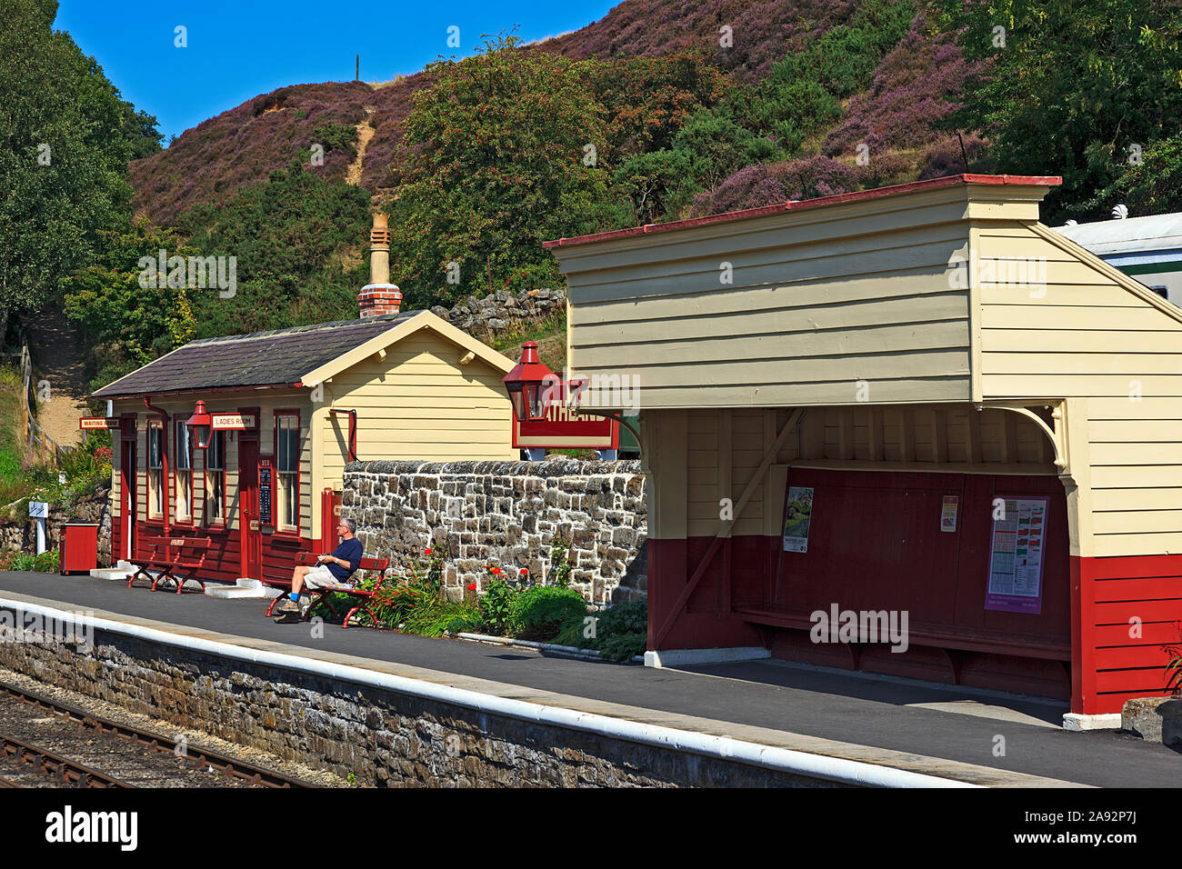 Southbound piattaforma alla stazione di Goathland, North Yorkshire Moor Railway Foto Stock