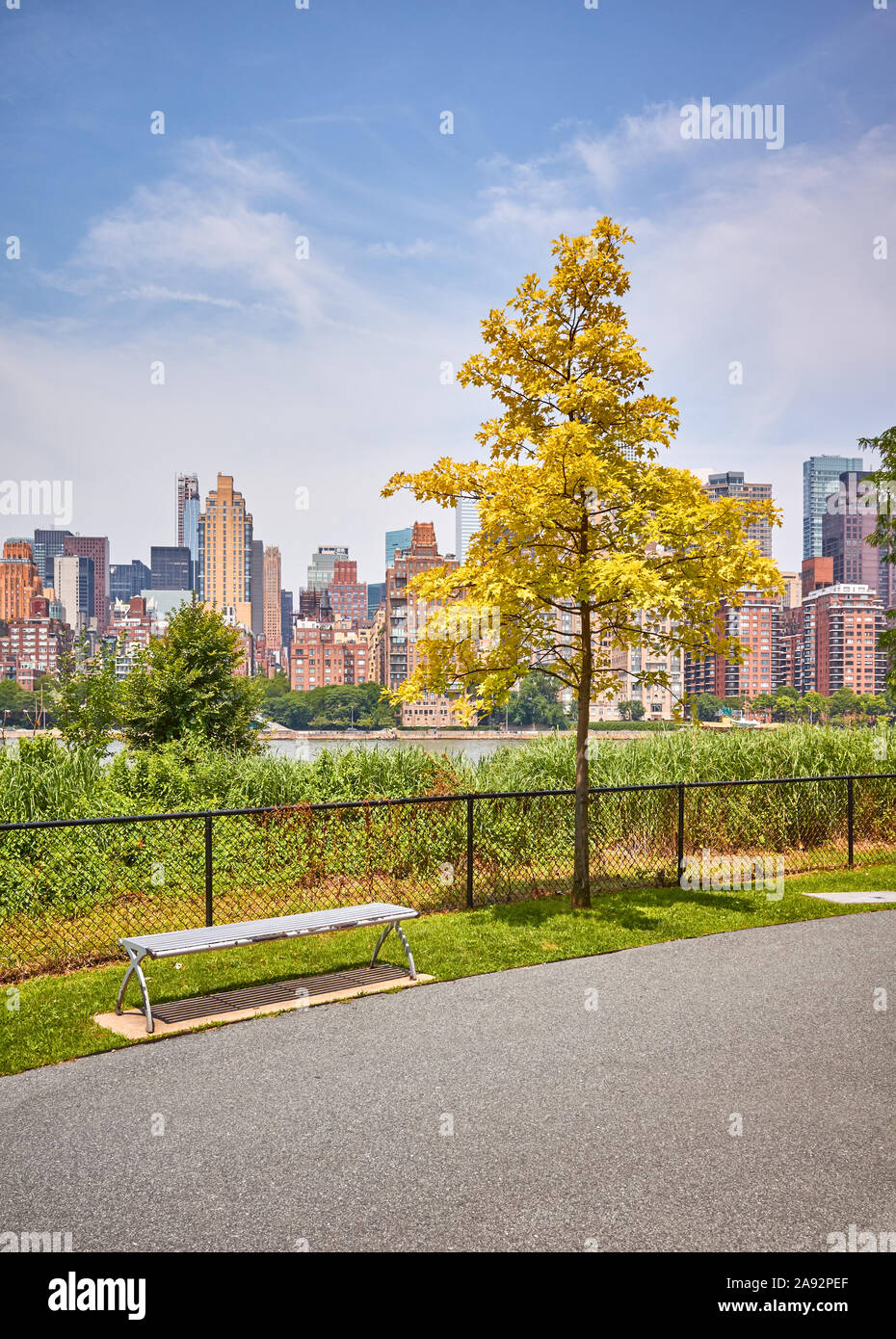 Manhattan visto da Roosevelt Island, New York City, Stati Uniti d'America. Foto Stock