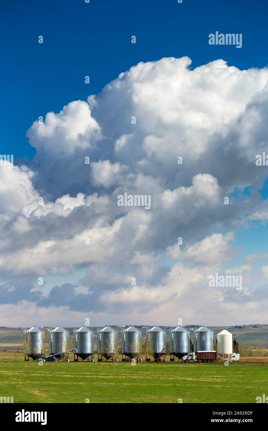 Una fila di grandi bidoni in metallo con drammatiche nubi tempesta e cielo blu sullo sfondo, ad ovest di Calgary; Alberta, Canada Foto Stock