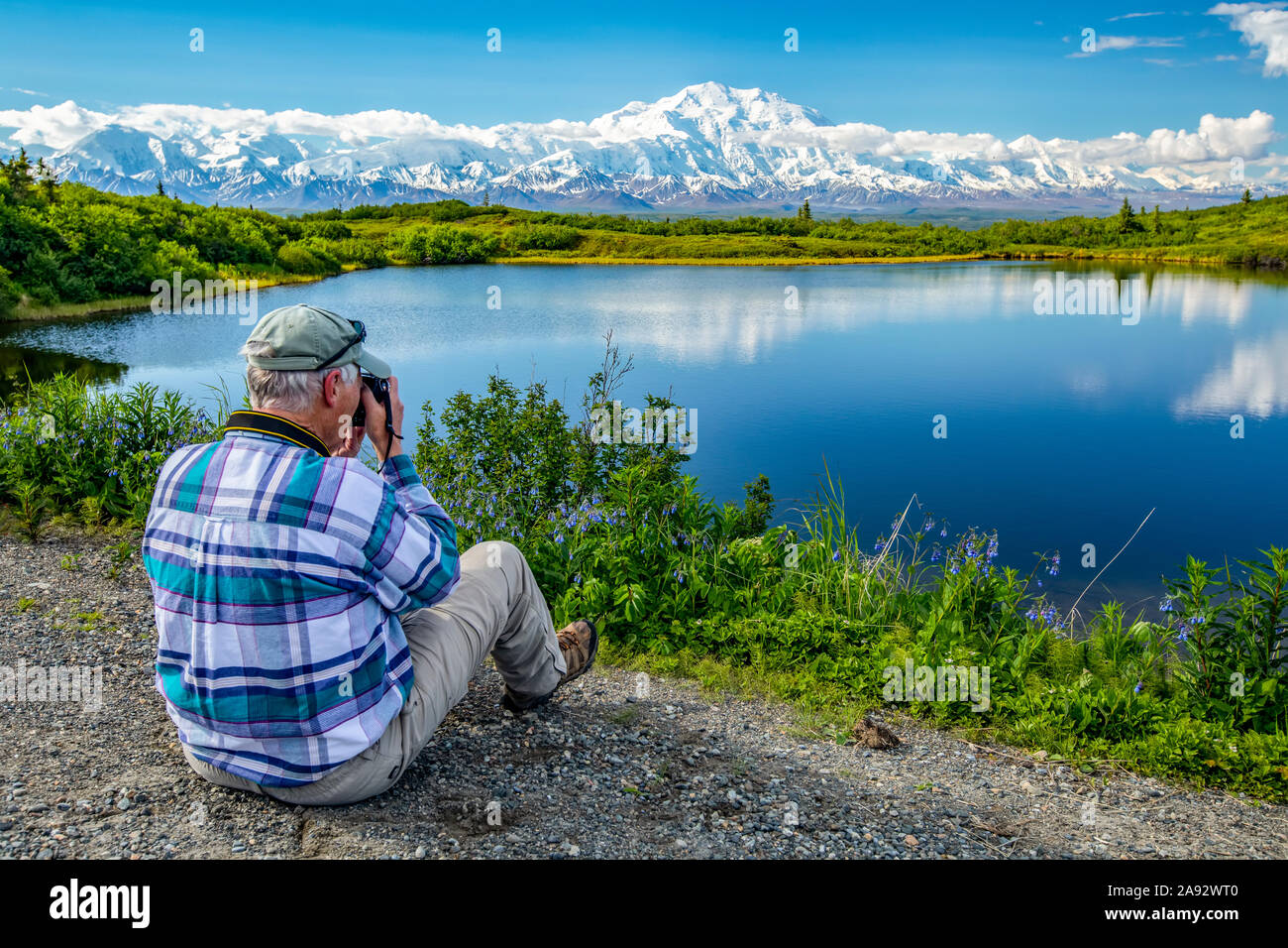 Un visitatore dell'Alaska scatta foto di Denali e dell'Alaska Range mentre siede vicino al Reflection Pond, al Denali National Park and Preserve, all'interno dell'Alaska Foto Stock