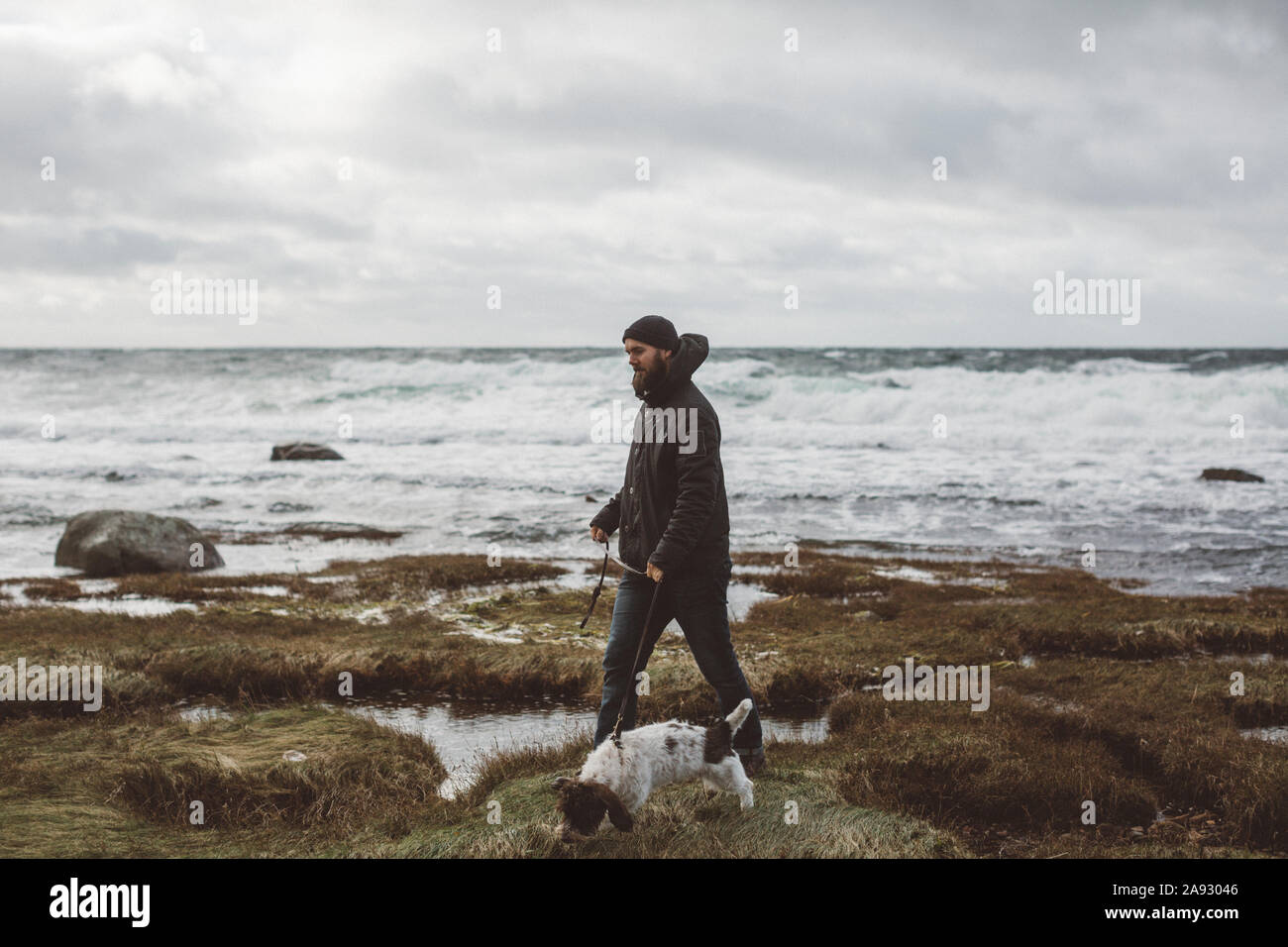 Uomo che cammina cane lungo la costa Foto Stock