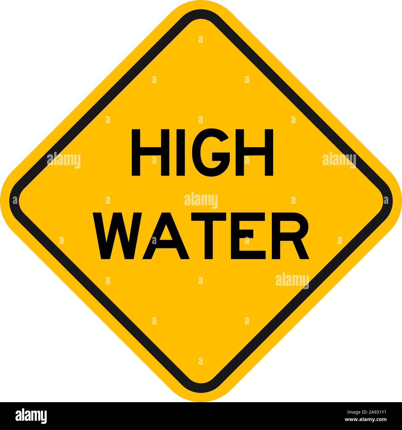 Acqua alta attenzione segno vettore. L'acqua di allagamento delle strade simbolo di avvertimento giallo scheda di diamante. Illustrazione Vettoriale