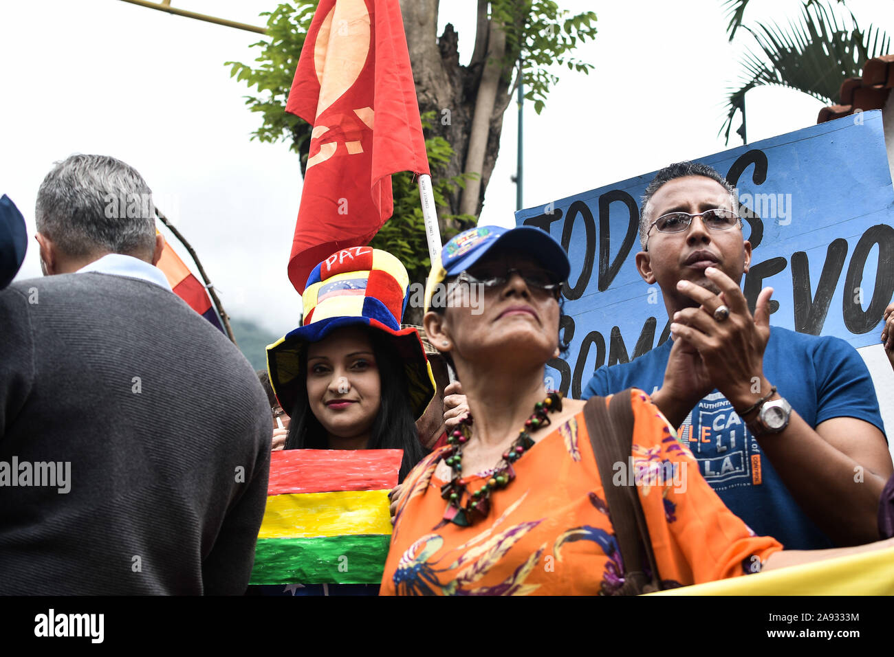 Sostenitore applaudire i tifosi durante la protesta.i sostenitori dei movimenti sociali e il venezuelano della gioventù comunista protesta a sostegno dell ex presidente Evo Morales di fronte all'ambasciata boliviana. Il presidente del paese si è dimesso dopo una forte protesta contro la sua rielezione e per aver rifiutato di condurre una verifica dei voti. Foto Stock