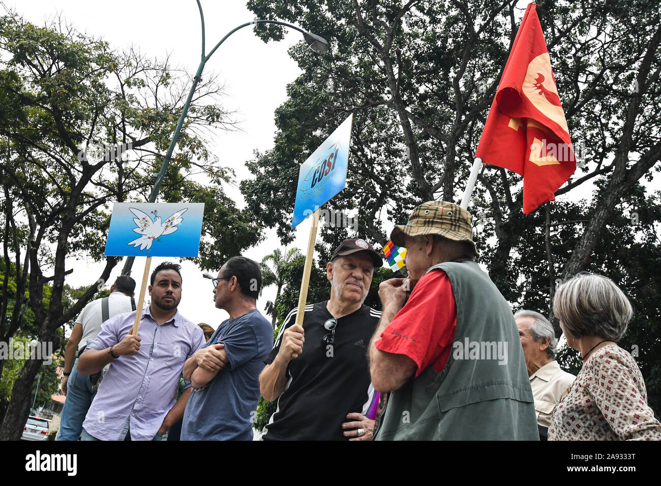 Persone con cartelli durante la protesta.i sostenitori dei movimenti sociali e il venezuelano della gioventù comunista protesta a sostegno dell ex presidente Evo Morales di fronte all'ambasciata boliviana. Il presidente del paese si è dimesso dopo una forte protesta contro la sua rielezione e per aver rifiutato di condurre una verifica dei voti. Foto Stock