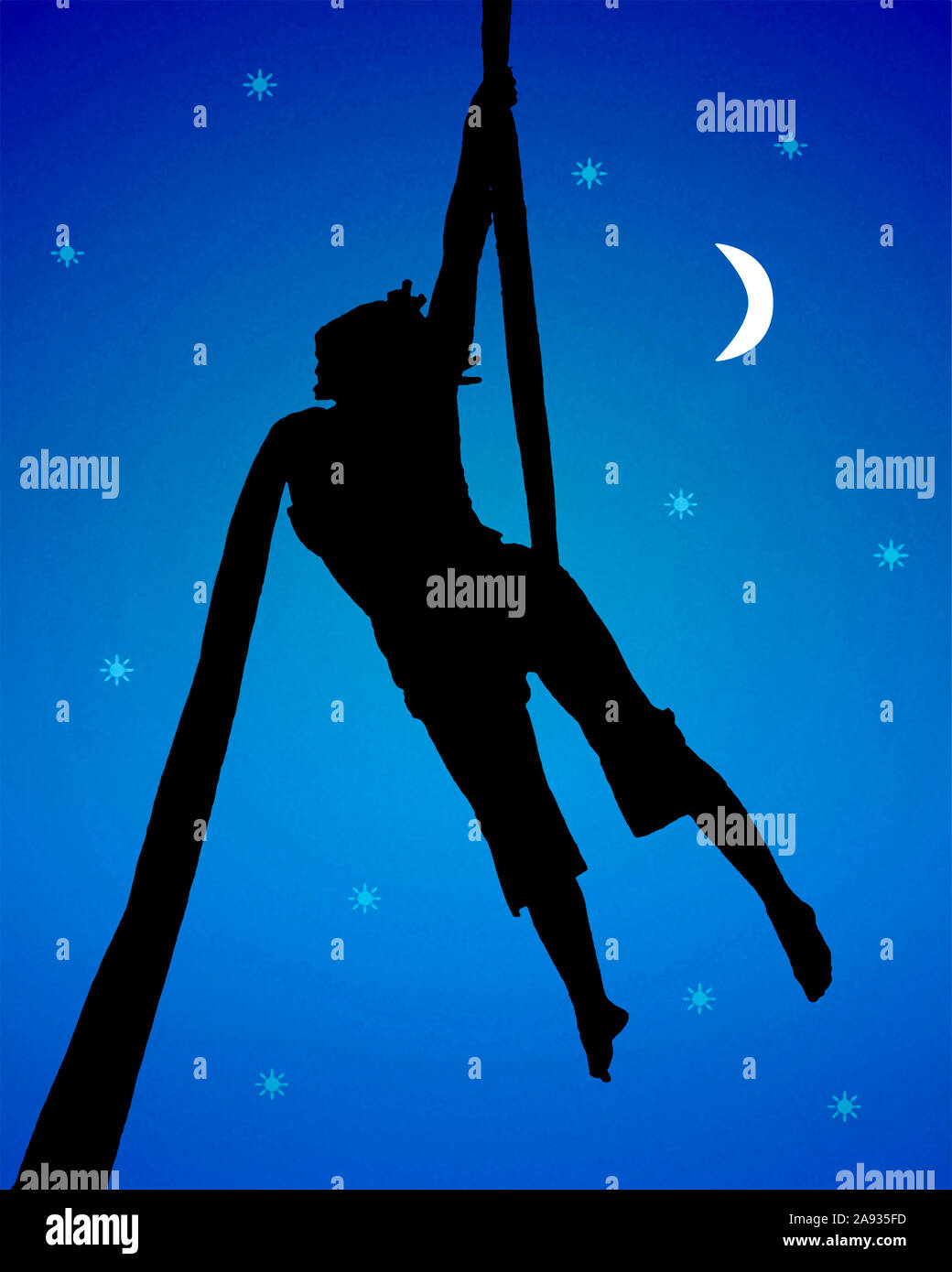 La fantasia sognante scena grafica stile silhouette raffigurante una donna che fa il tessuto più acrobatiche moonscape sfondo Foto Stock