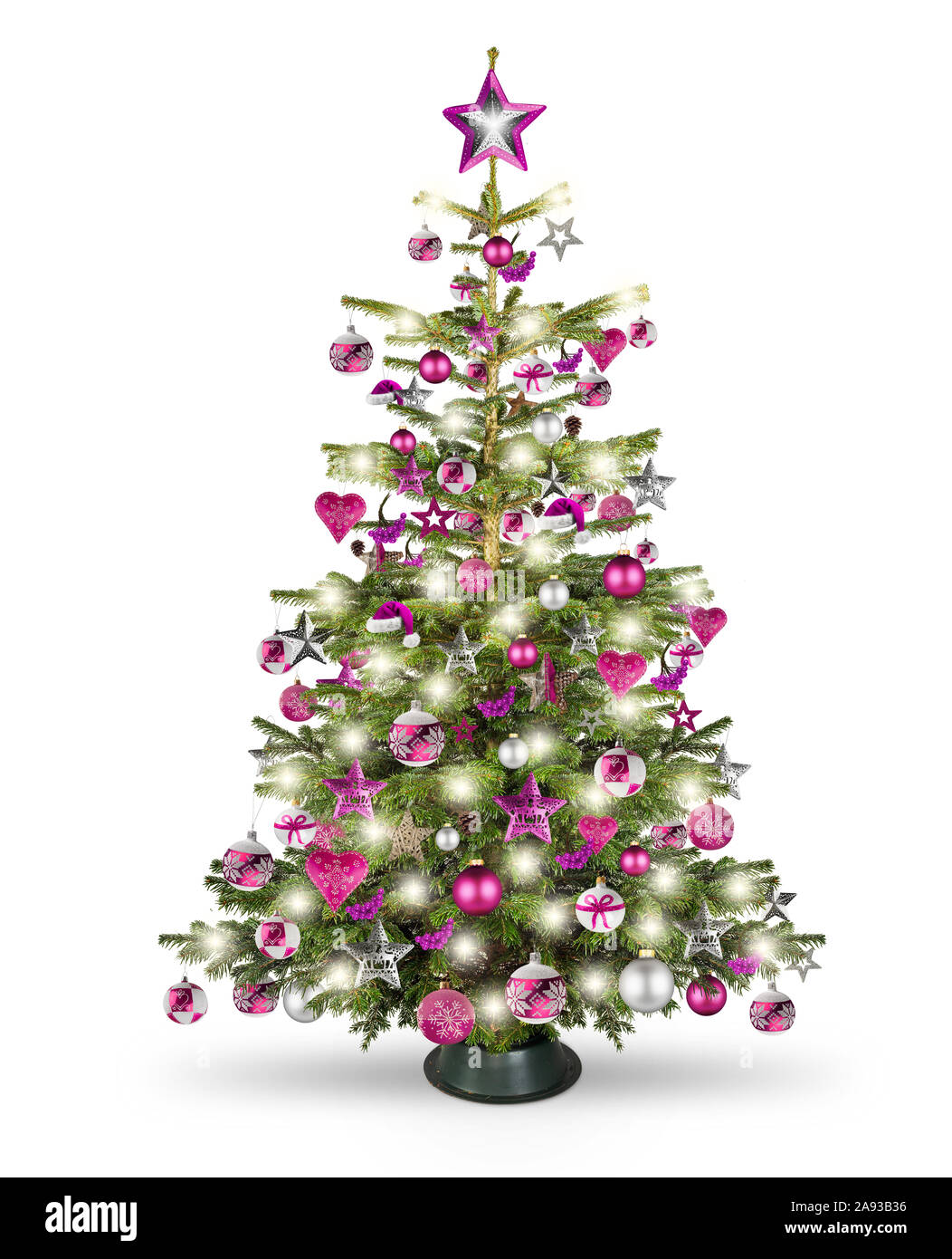 Naturale reale nordmann xmas albero di natale con il colore rosa rosso porpora argento e decorazioni in legno. ninnolo star cuore e luminosa led isolato su bianco Foto Stock