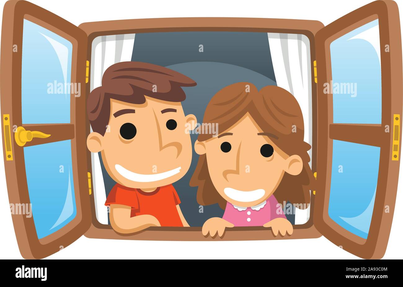 Ragazzo e ragazza sorridente attraverso la finestra, illustrazione vettoriale cartoon. Illustrazione Vettoriale