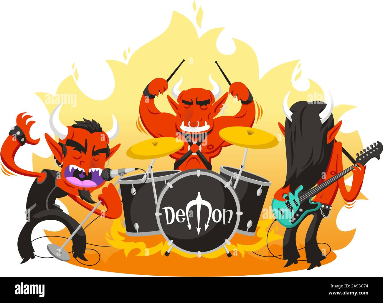 Rock and Roll band di demoni cartoon illustrazione Illustrazione Vettoriale