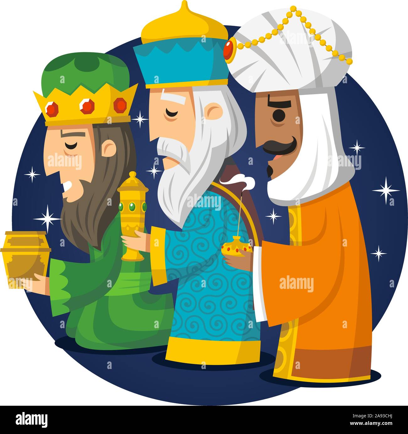 Tre saggi e i Re Magi, Melchior, Gaspard e Balthazar. Illustrazione Vettoriale cartoon. Illustrazione Vettoriale
