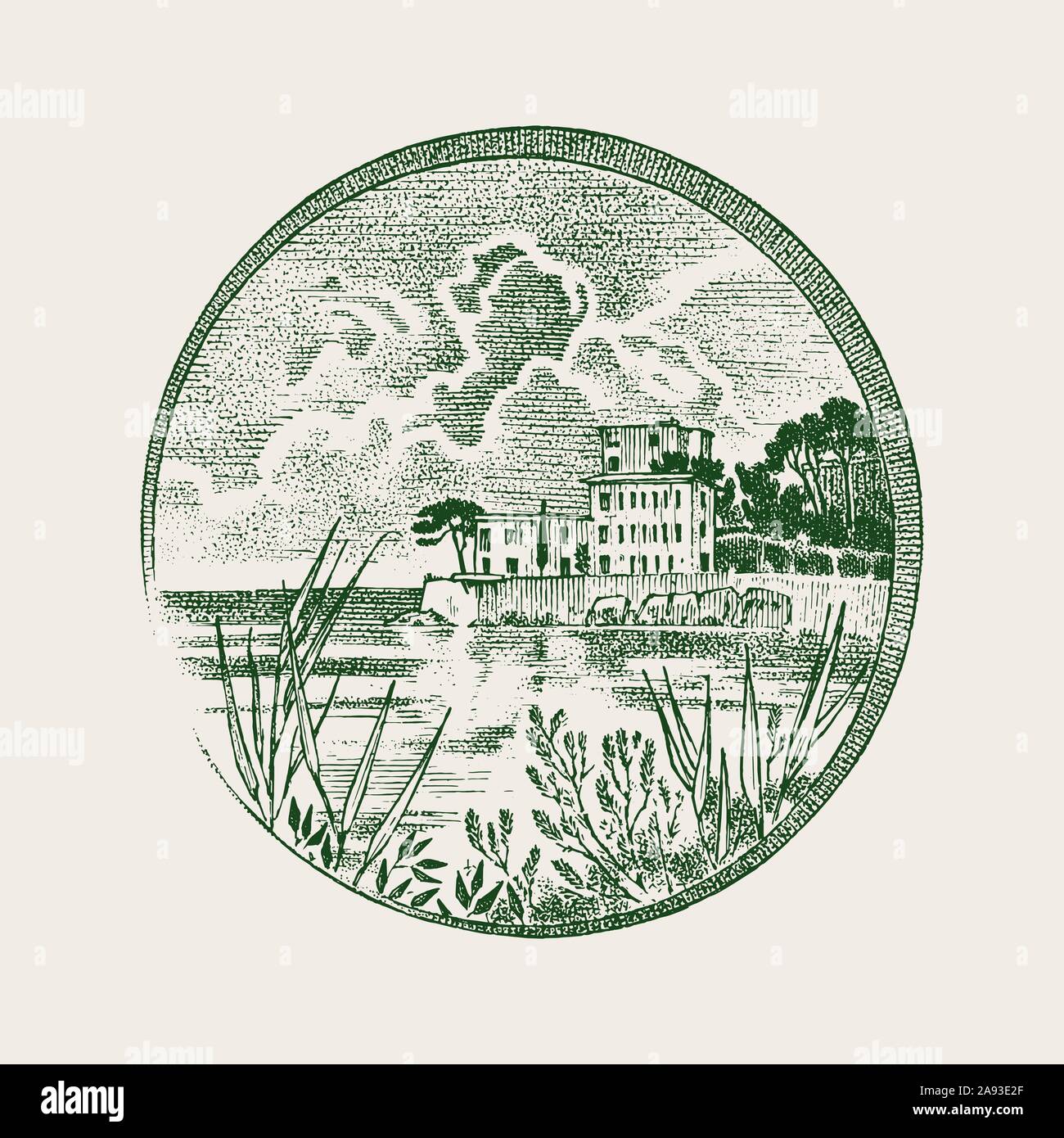 Paesaggio Vintage in Cassis in Provence-Alpes-Côte d'Azur regione nel sud della Francia. Incisi disegnati a mano Vintage schizzo per etichetta, vecchio medaglione Illustrazione Vettoriale