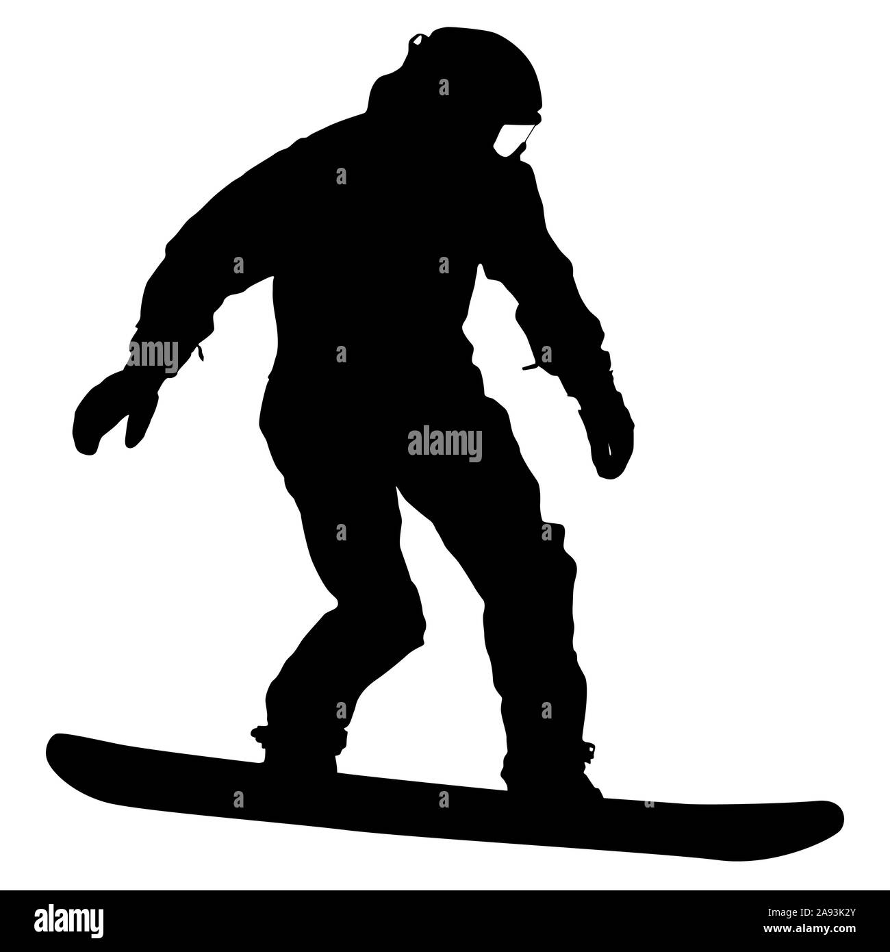 Silhouette nera snowboarder su sfondo bianco illustrazione. Foto Stock