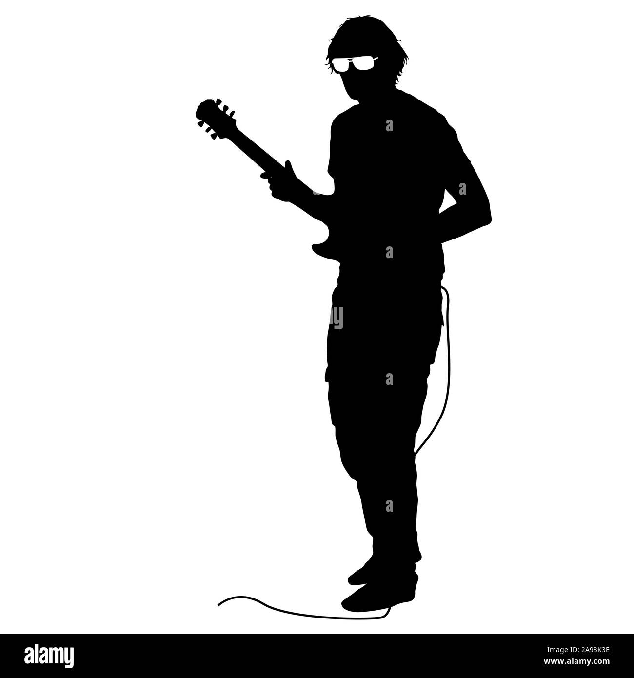 Silhouette musicista suona la chitarra su uno sfondo bianco. Foto Stock