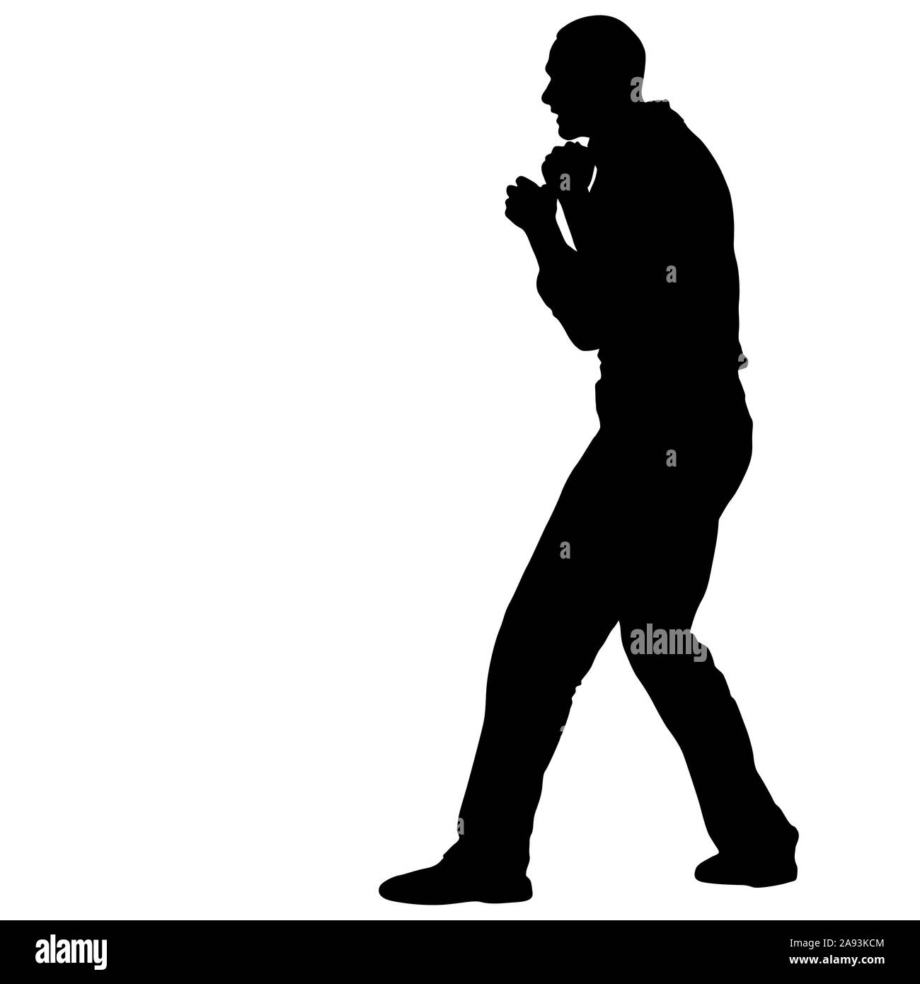 Silhouette nera di un atleta boxer su uno sfondo bianco. Foto Stock