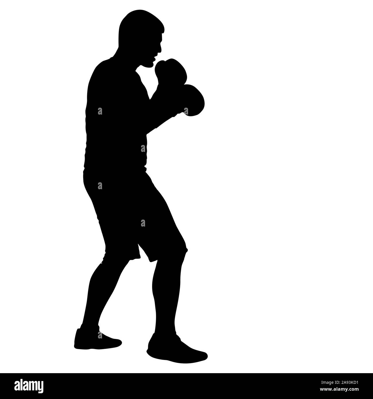 Silhouette nera di un atleta boxer su uno sfondo bianco. Foto Stock