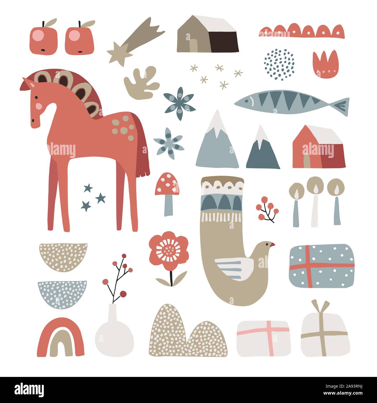 Set di Natale animali scandinavi ed elementi naturali. Dala cavallo, colomba di uccelli, pesci, confezioni regalo, fiori, candele e bacche. Nordic retrò flat Illustrazione Vettoriale