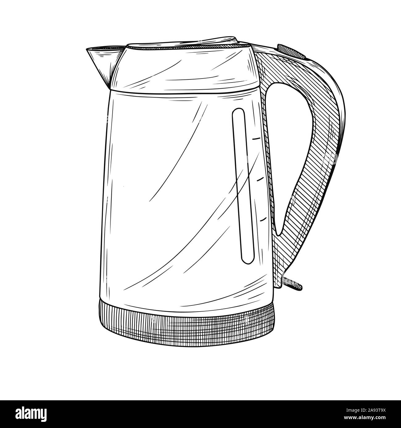 Schizzo di bollitore elettrico su uno sfondo bianco. Illustrazione Vettoriale nel disegno stile. Illustrazione Vettoriale