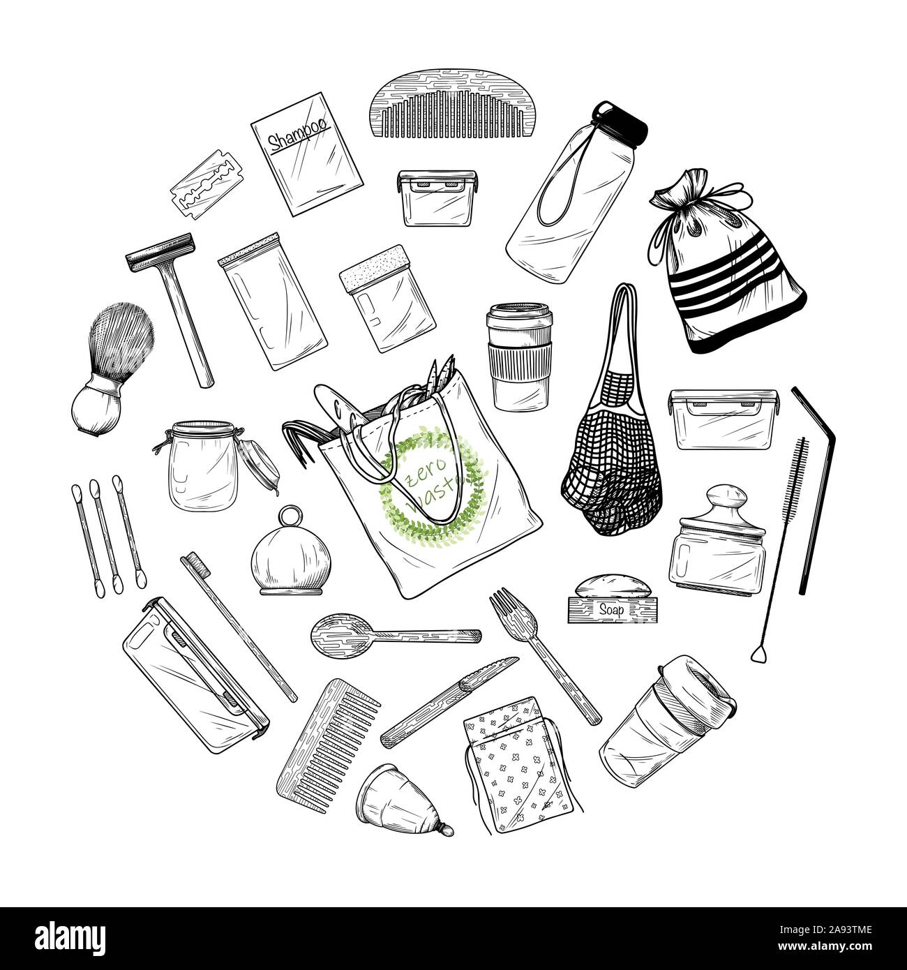 Set di grandi dimensioni di diversi elementi ambientali. Rifiuti Zero. Illustrazione Vettoriale Illustrazione Vettoriale
