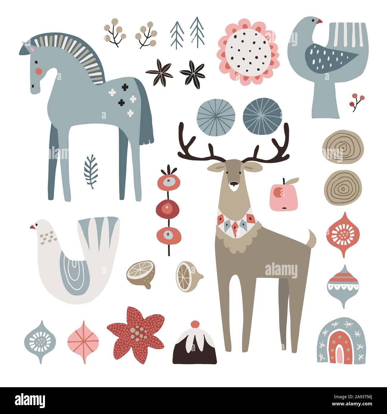 Set di Natale animali scandinavi ed elementi naturali. Dala cavallo, Colomba uccelli, Natale ornametns, fiori, frutta e renne. Nordic retrò Illustrazione Vettoriale