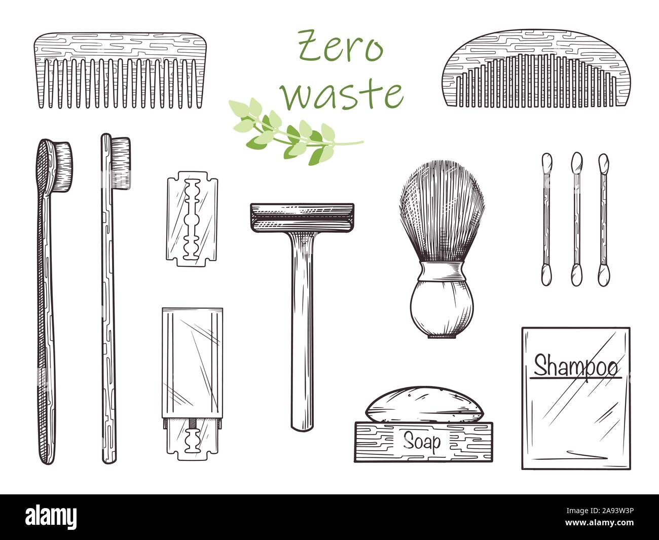 Set ecologico per un bagno. Oggetti fatti di bambù, metallo e altri materiali per l'ambiente. Rifiuti Zero. Illustrazione Vettoriale Illustrazione Vettoriale