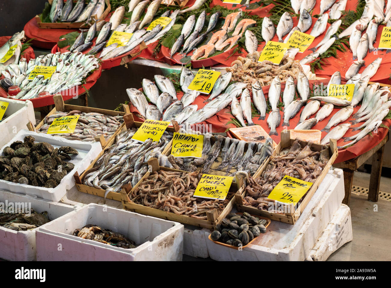 Istanbul, Turchia - Novembre-11.2019: pesce di mare su un contatore al mercato del pesce, Istanbul, Turchia Foto Stock
