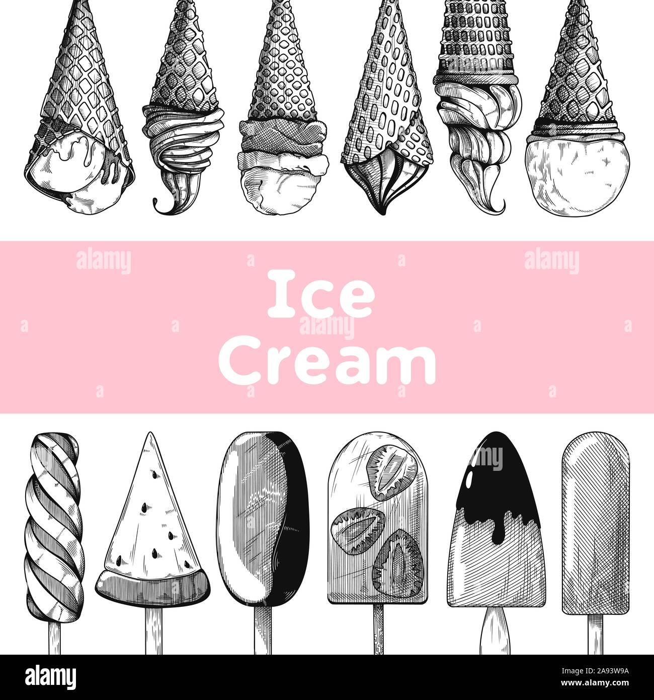 Modello con gelato. Realistico gelato. Illustrazione Vettoriale nel disegno stile. Illustrazione Vettoriale
