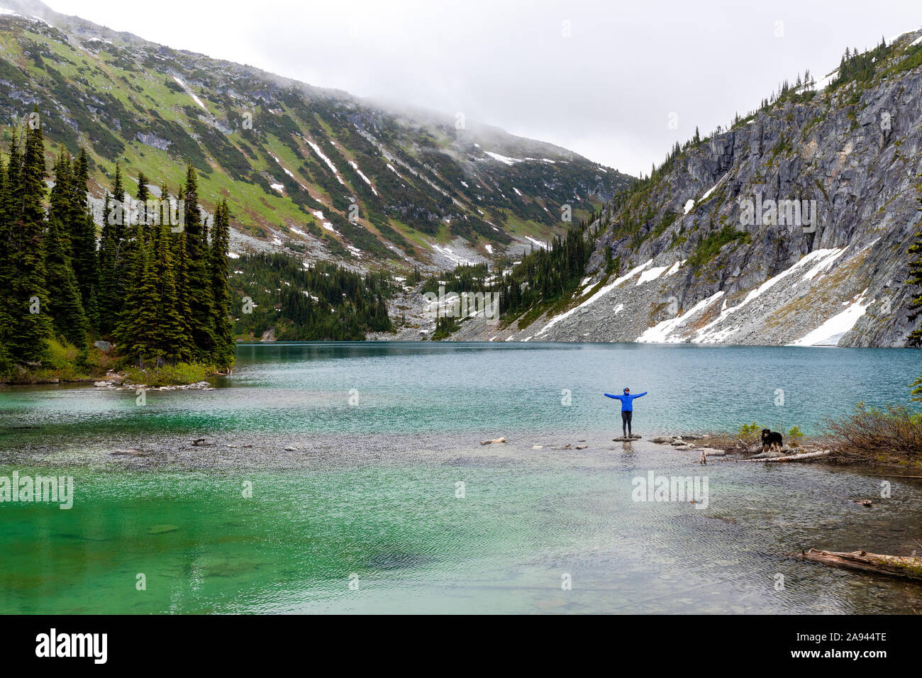 Una donna si blocca sul lato di un lago alpino con il suo cane e prende in vista di costa le montagne intorno a Pemberton, British Columbia, in una piovosa giornata d'estate. Foto Stock