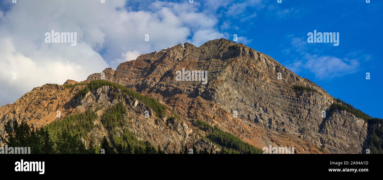 Un'aspra vetta rocciosa delle Montagne Rocciose canadesi; Field, British Columbia, Canada Foto Stock