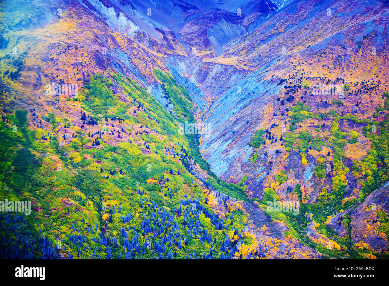 Antenna spettacolare valle e le montagne del Parco Nazionale Kluane e riserva (durante l'autunno), che ospita la più grande del mondo non polare campi di ghiaccio.. Foto Stock