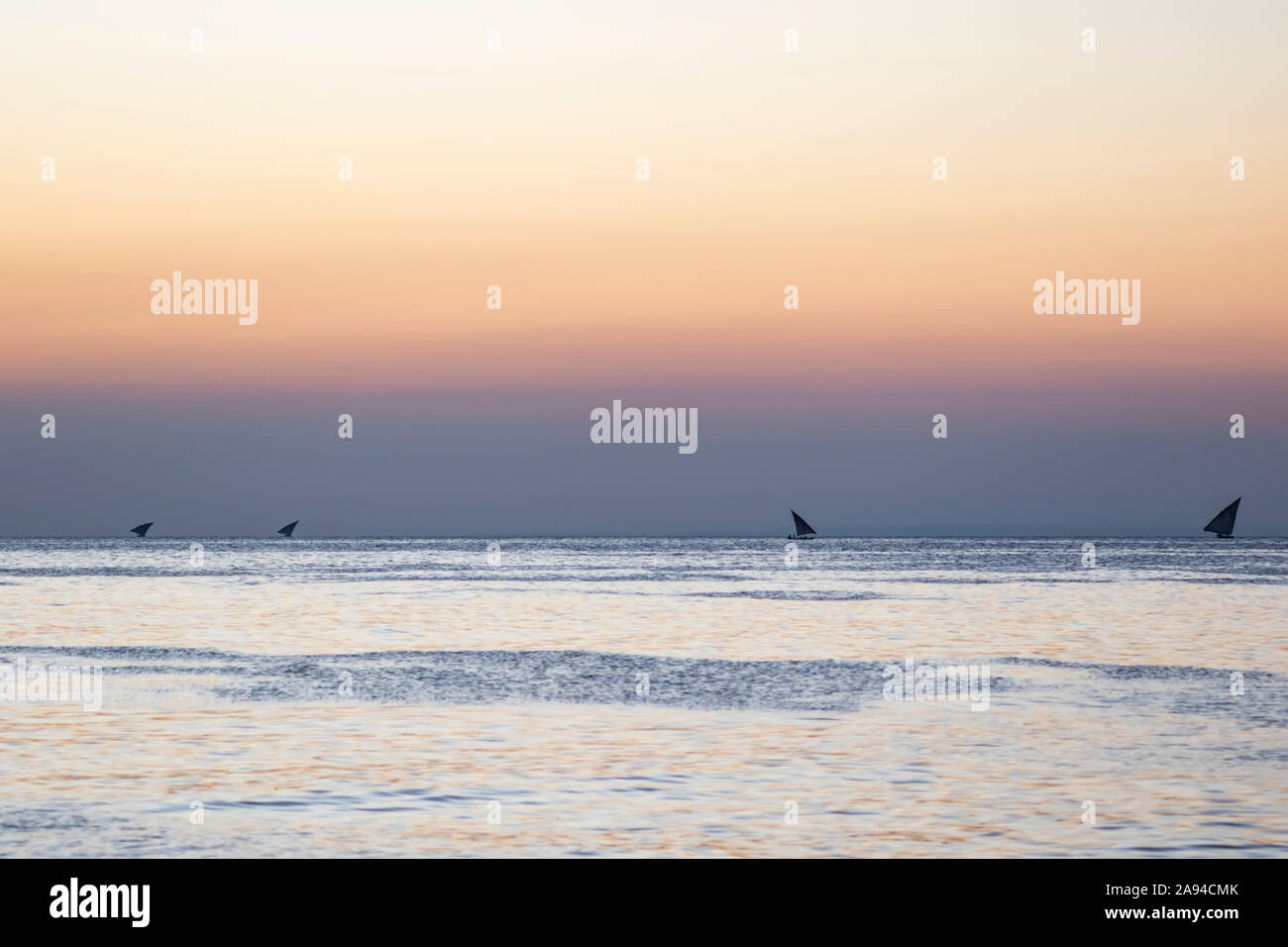 Dhows sull'Oceano Indiano al tramonto, Stone Town di Zanzibar; Zanzibar City, Unguja Island, Zanzibar, Tanzania Foto Stock