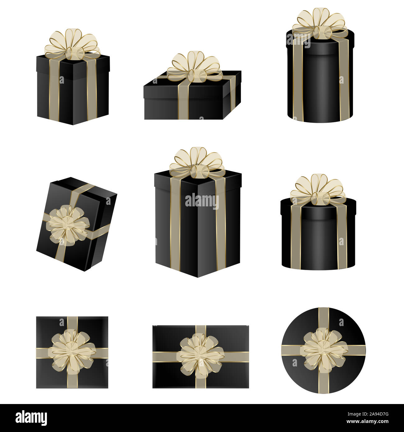 Impostare il nero confezioni regalo con oro trasparente di prua e il nastro di inchiostro Foto Stock