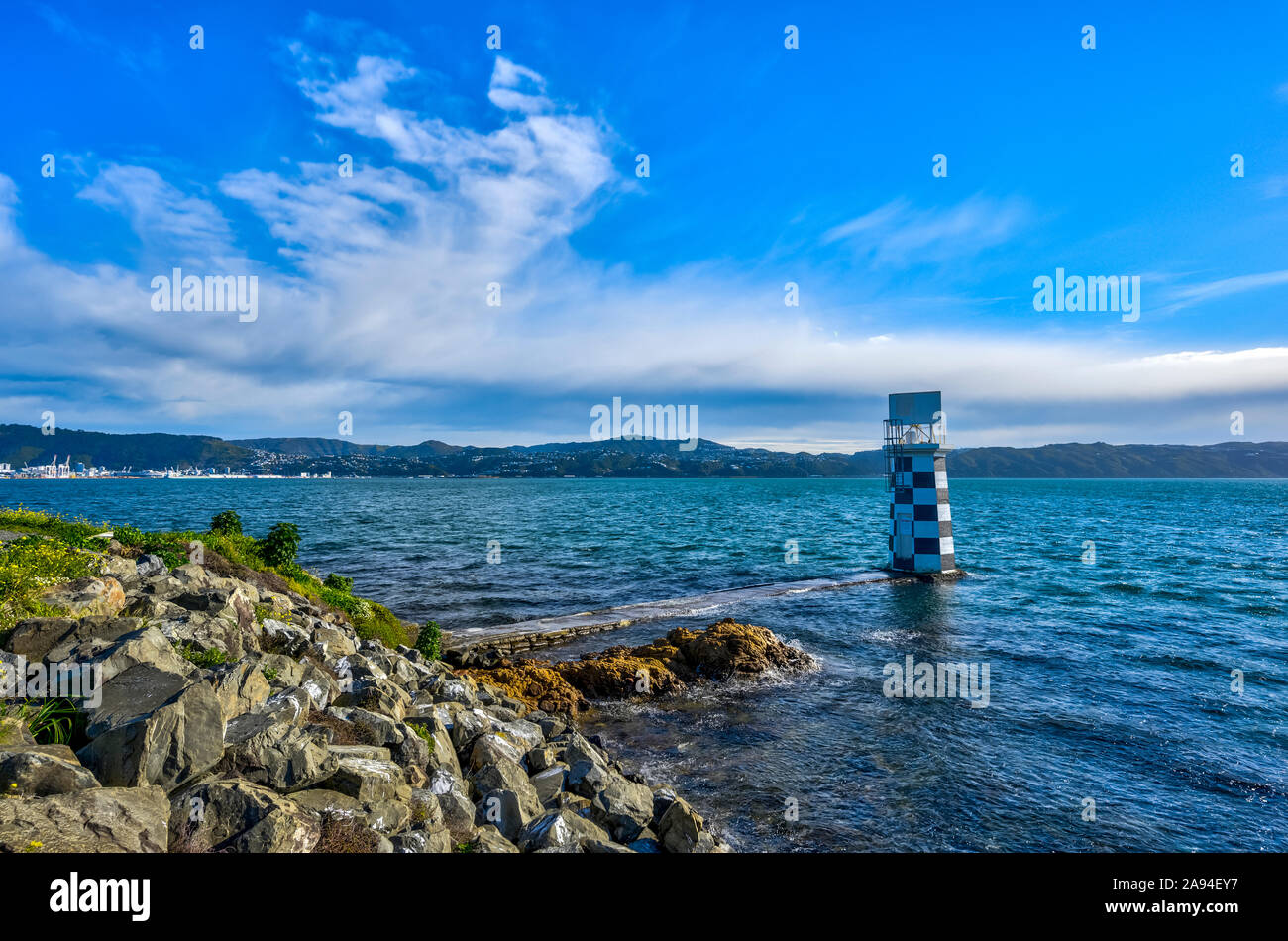 Faro di Port Nicholson; Wellington, Isola del Nord, Nuova Zelanda Foto Stock