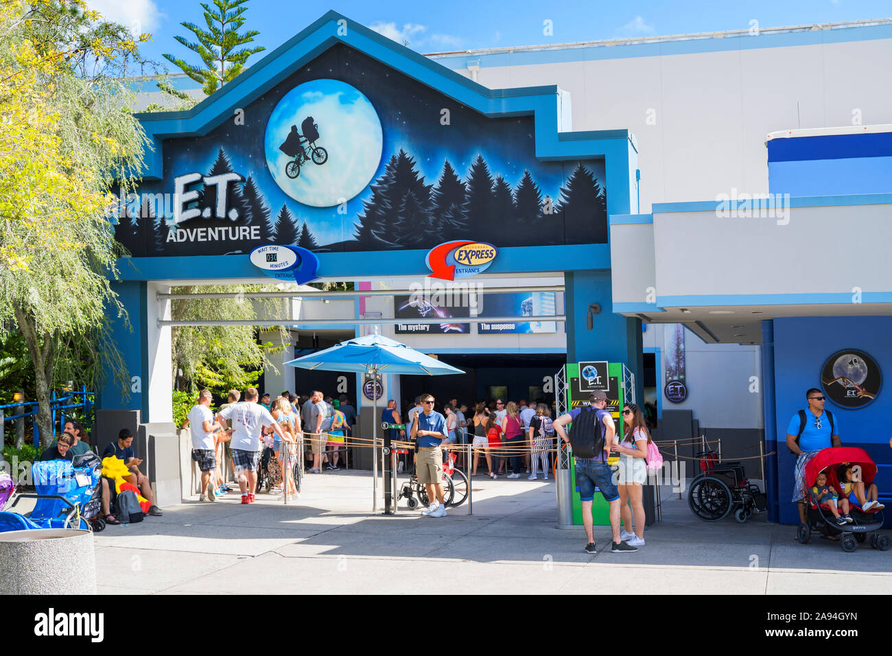 E.T. Avventura Ride, entrata segno esterno, Logo, Universal Studios, Orlando, Florida, Stati Uniti d'America Foto Stock