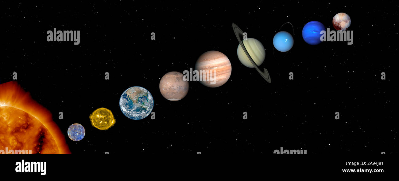 Una illustrazione dei pianeti del nostro sistema solare, la via lattea. Gli elementi di questa immagine fornita dalla NASA. Le distanze non sono in scala Foto Stock