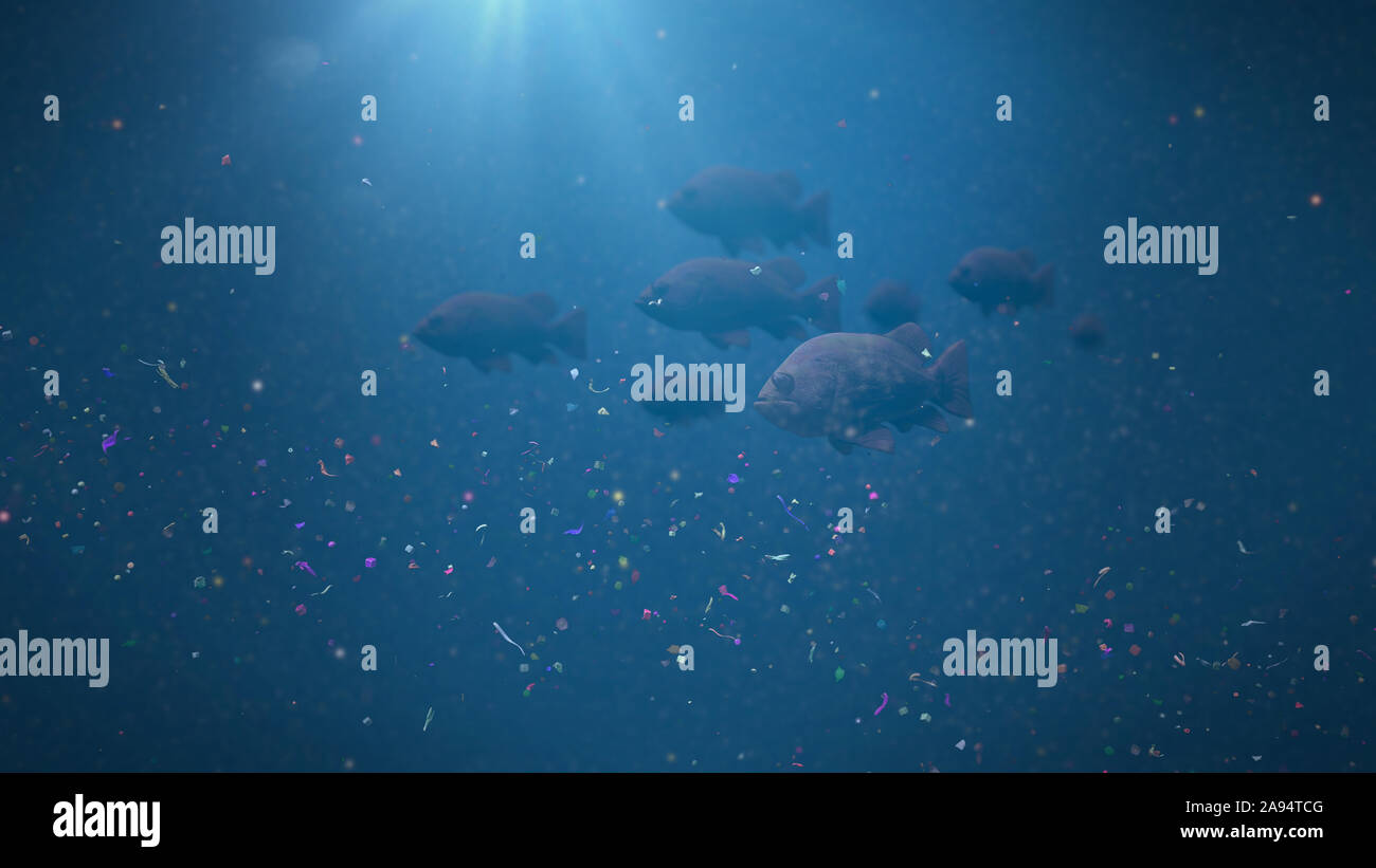 Sciame di pesce nuotare attraverso l'inquinamento in plastica, micro particelle di plastica in acqua di mare Foto Stock