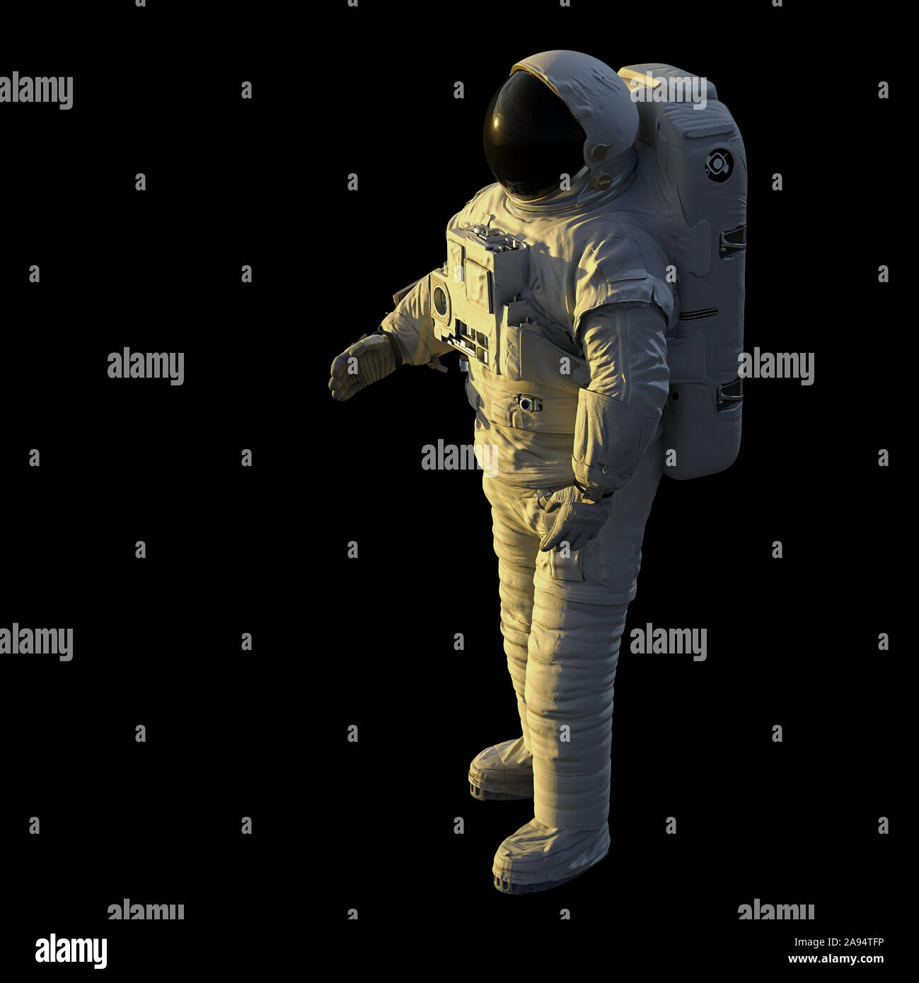 Astronauta permanente, isolato su sfondo nero Foto Stock