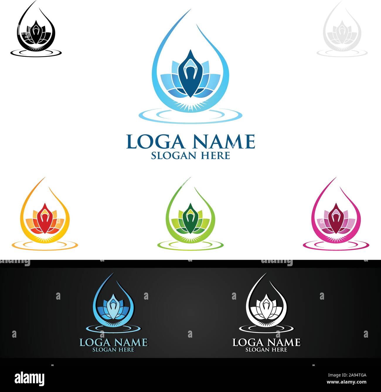 Lo yoga e fiore di loto logo con Health Spa Concept e sagoma umana Illustrazione Vettoriale