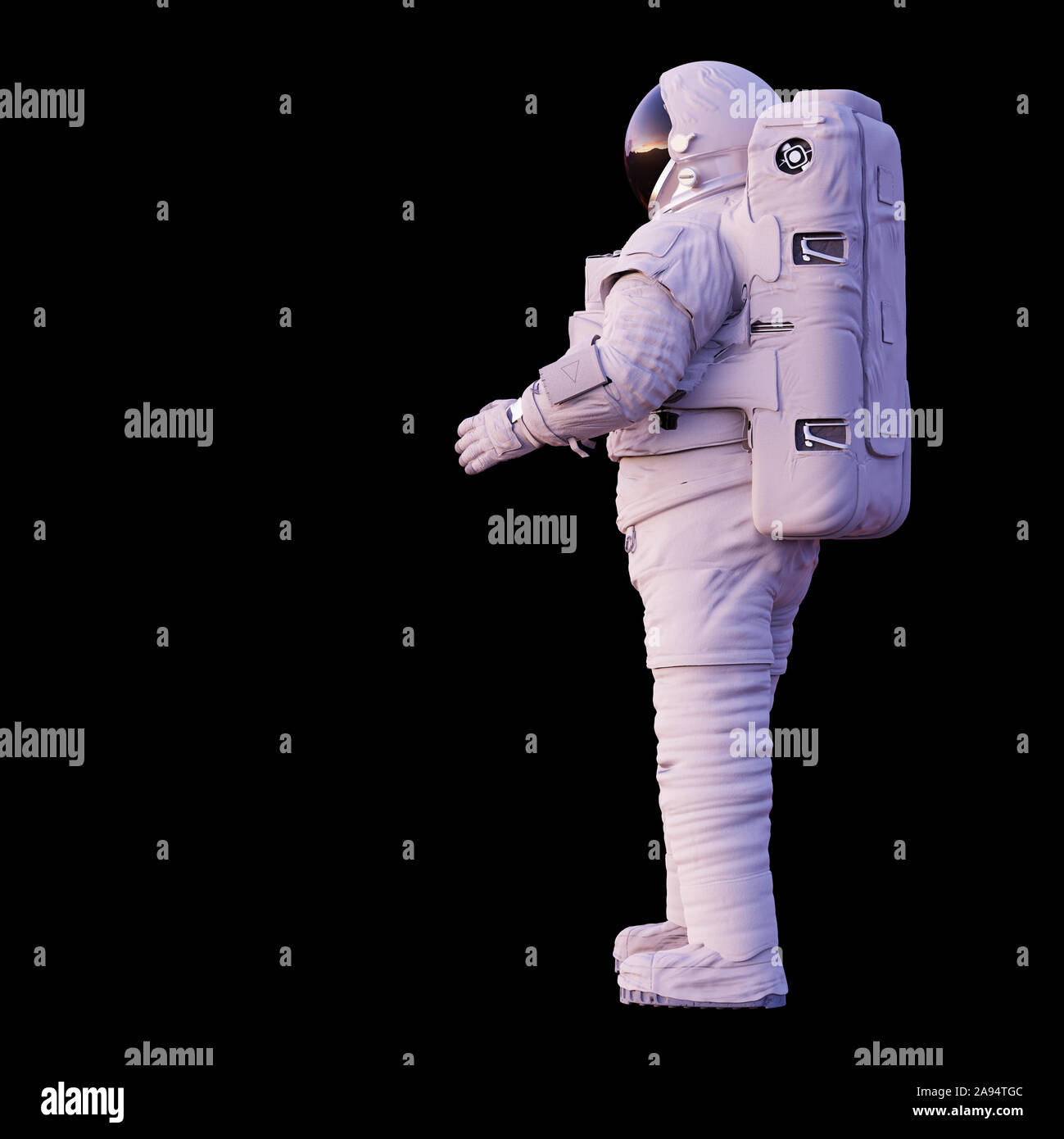 Astronauta, in piedi isolato su sfondo nero Foto Stock
