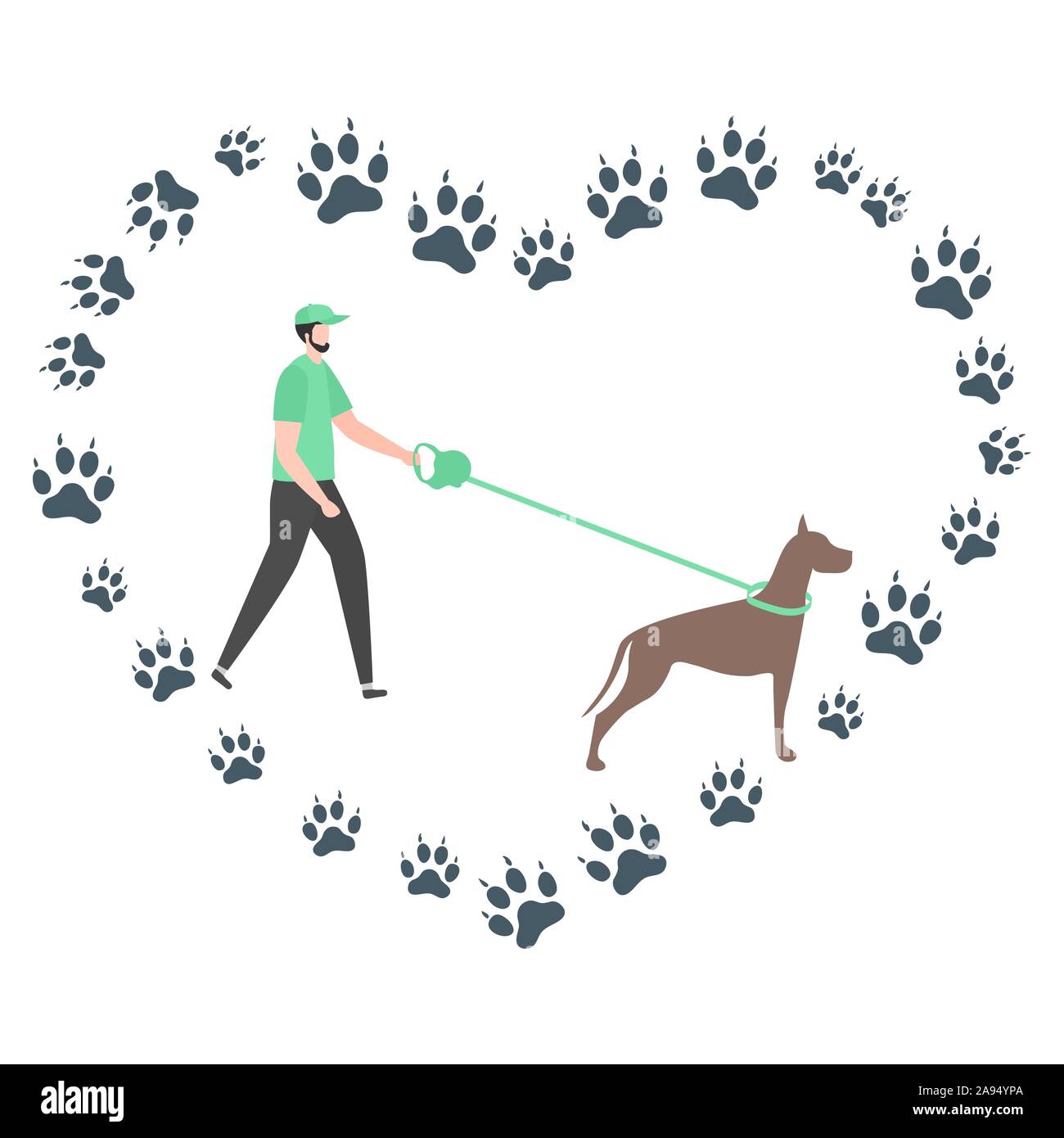 Illustrazione Vettoriale con persone a piedi con il cane al guinzaglio, canino le vie a forma di cuore su sfondo bianco. Un sano stile di vita attivo. Professio Illustrazione Vettoriale