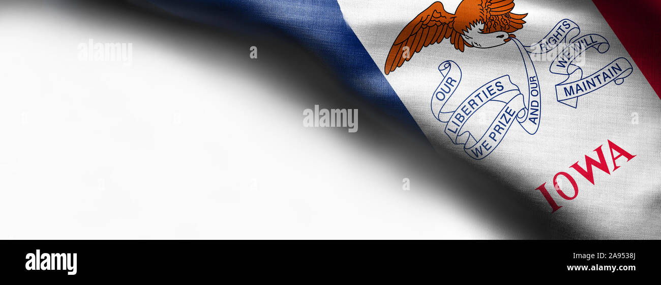 La consistenza del tessuto dell'Iowa bandiera sfondo - bandiera su sfondo bianco - angolo superiore destro - Copia gratuita spazio dalle bandiere di Stati Uniti Foto Stock