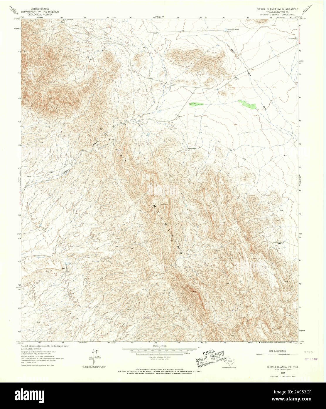 USGS TOPO Map Texas TX Sierra Blanca SW 121389 1964 24000 Restauro Foto Stock