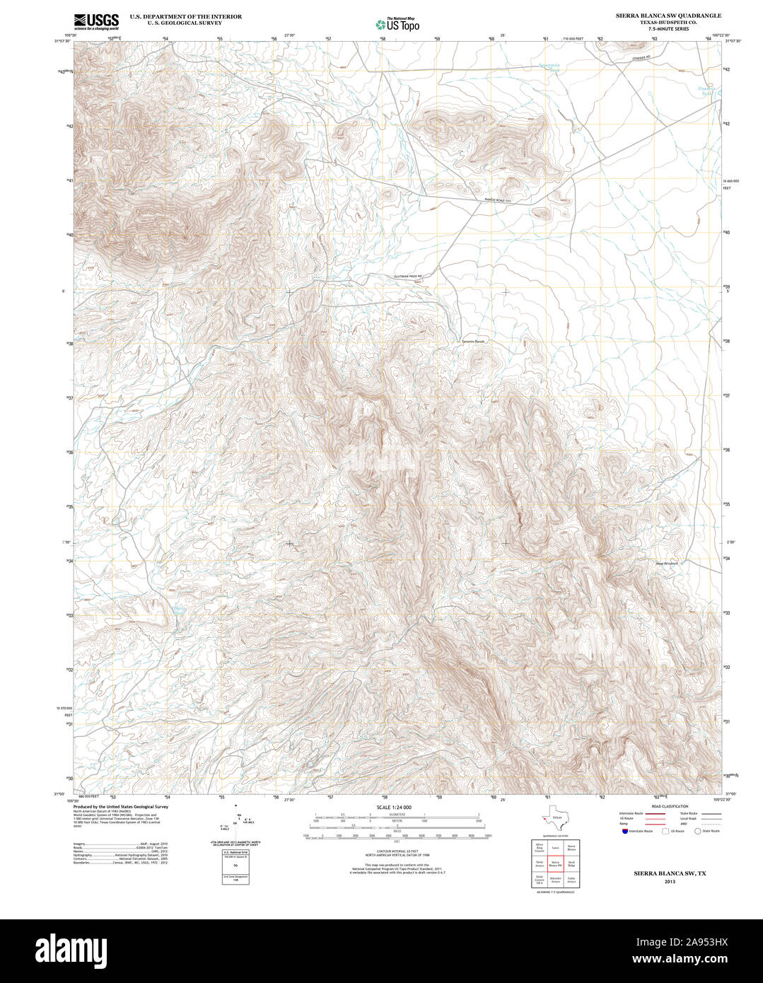 USGS TOPO Map Texas TX Sierra Blanca SW 20130117 TM il restauro Foto Stock