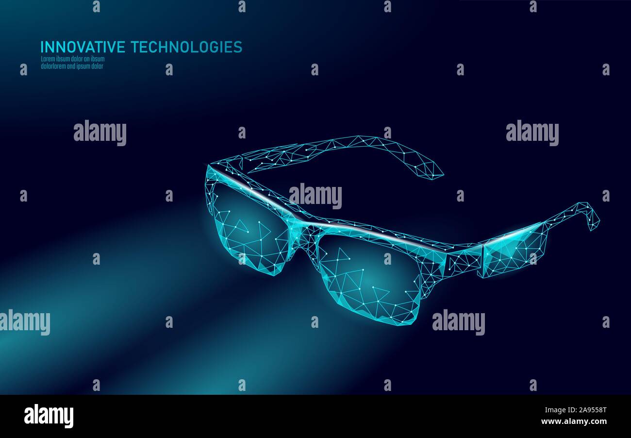 Virtual augmented reality bicchieri bassa poli. Innovazione media entertainment concetto poligonale. Tecnologia di connessione web cinema 3D illustrazione vettoriale Illustrazione Vettoriale