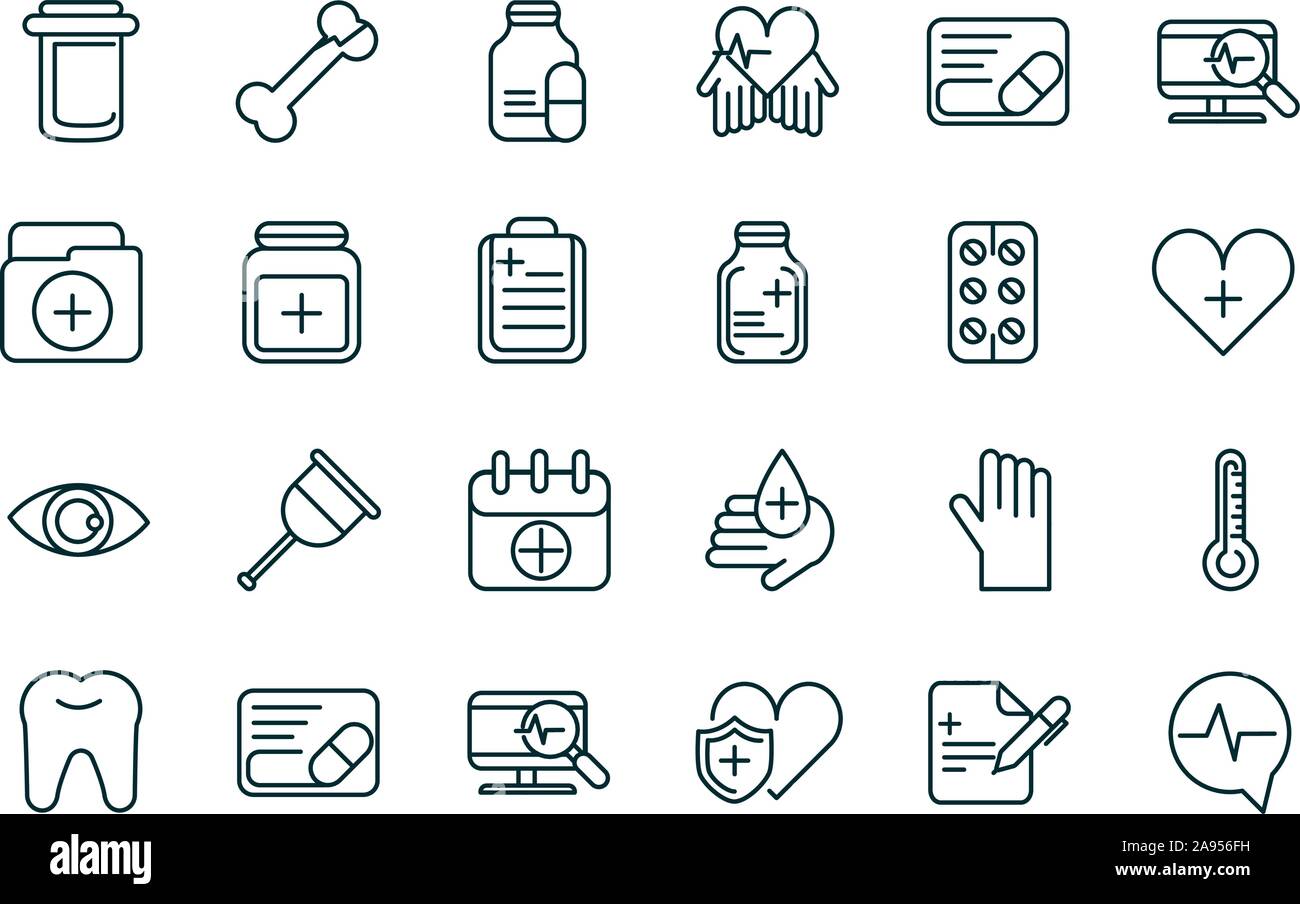 Attrezzature sanitarie medico set di icone di riempimento linea illustrazione vettoriale Illustrazione Vettoriale