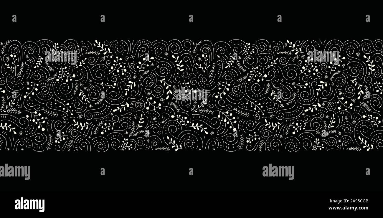 Abstract HWhite Doodle Natale fogliame, Santo bacche, vischio, Abete e rami di pino su sfondo nero vettore orizzontale frontiera senza giunture. M Illustrazione Vettoriale