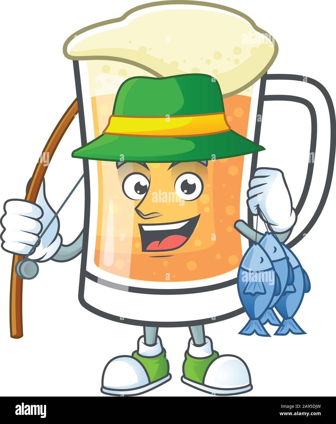 Boccale di birra di alcool nel cartoon di pesca Illustrazione Vettoriale