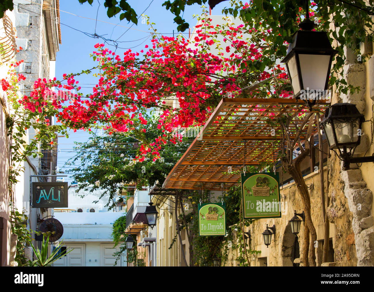 Rethymno, Creta, Grecia. Vista lungo Odos Xanthoudidou, cartelli del ristorante e bougainvillea prominente. Foto Stock
