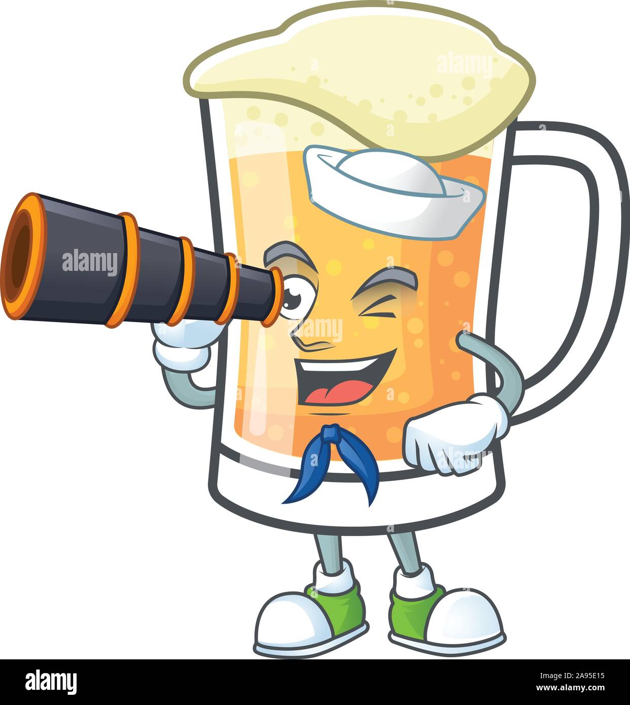 Boccale di birra di alcool in sailor holding cartoon binoculare Illustrazione Vettoriale