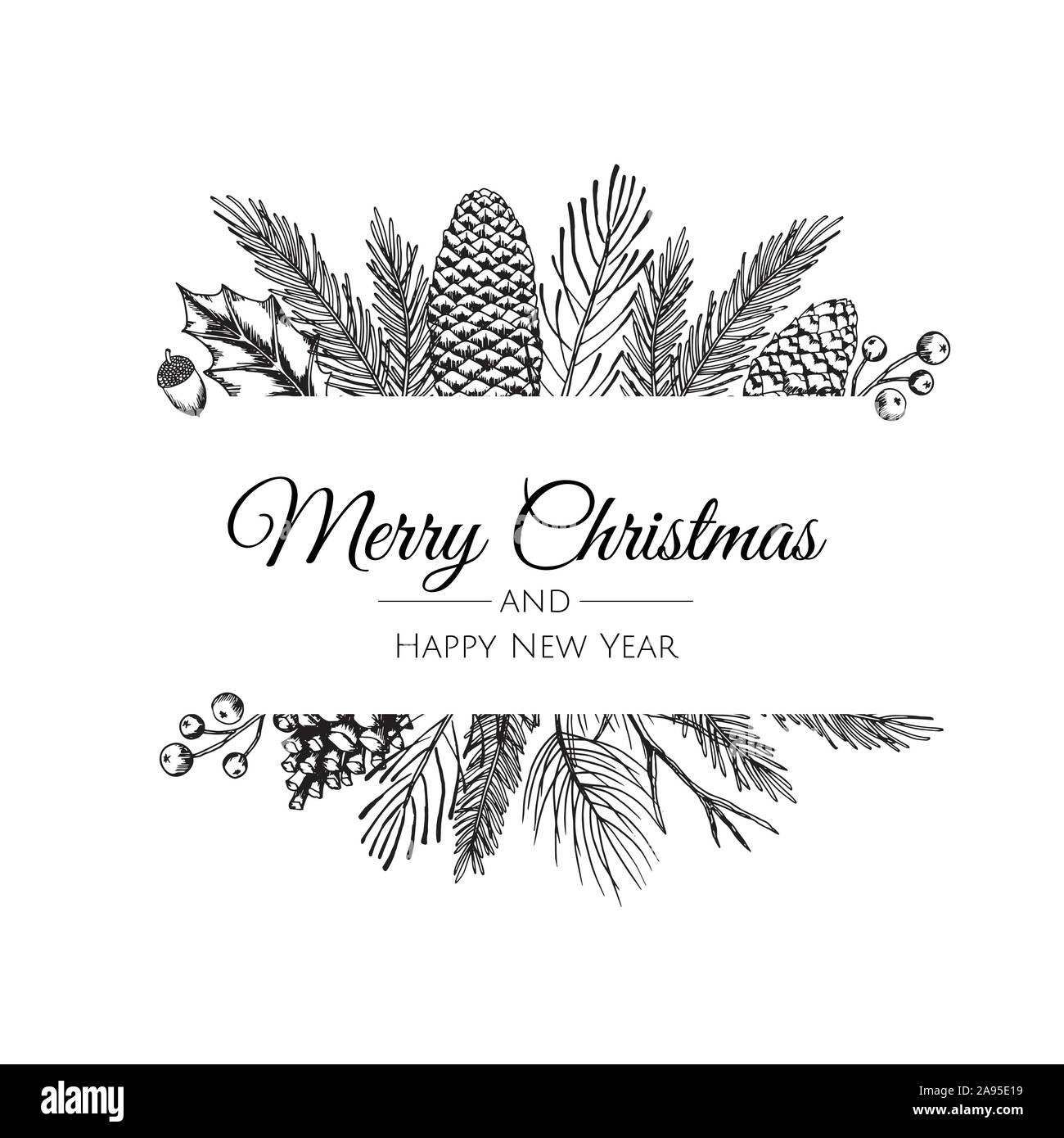 Telaio di natale con piante d'inverno. Illustrazione botanica. Illustrazione Vettoriale