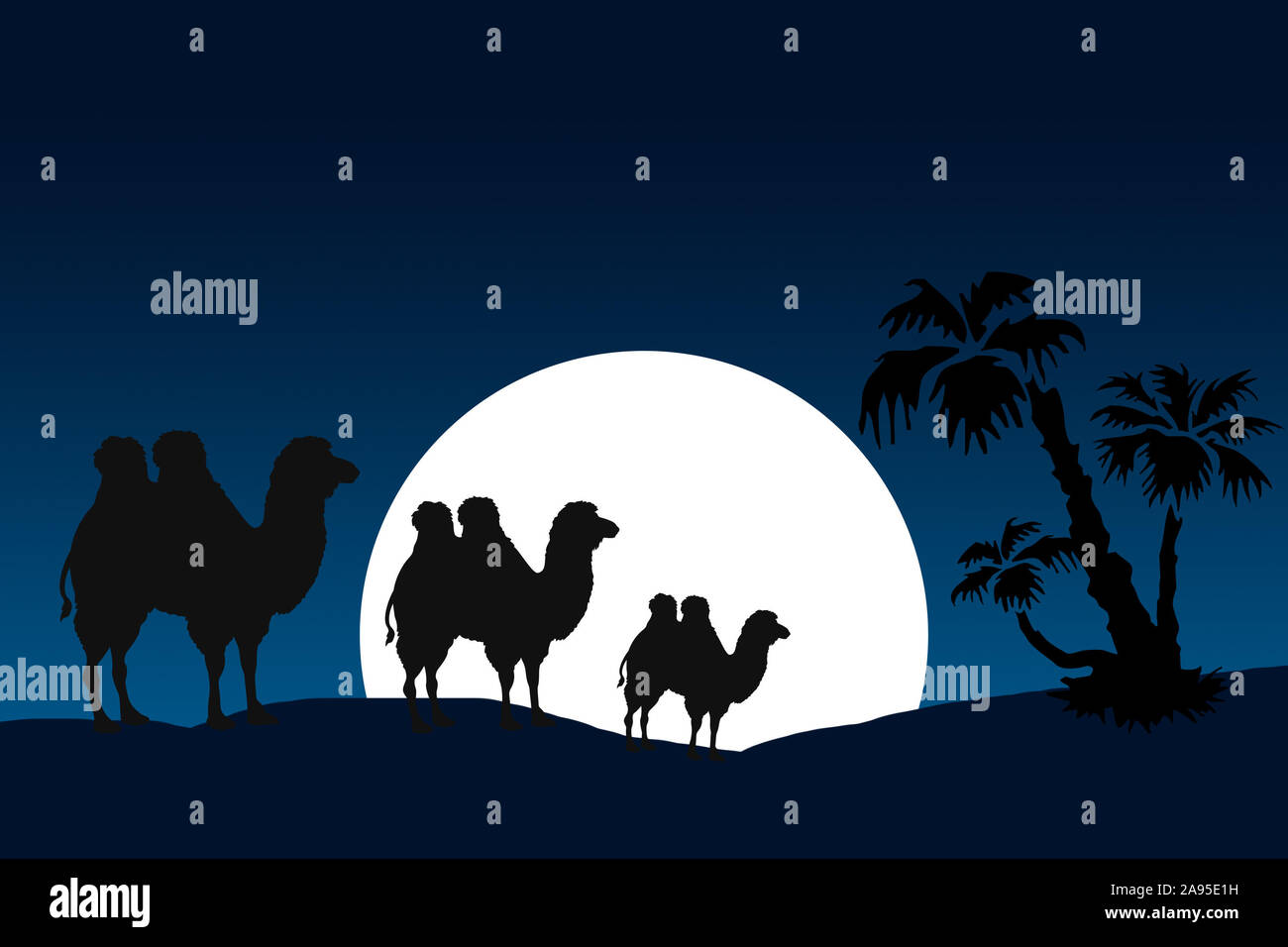 Tre silhouette di cammelli attraverso il deserto con il chiaro di luna blu del cielo di notte. Foto Stock