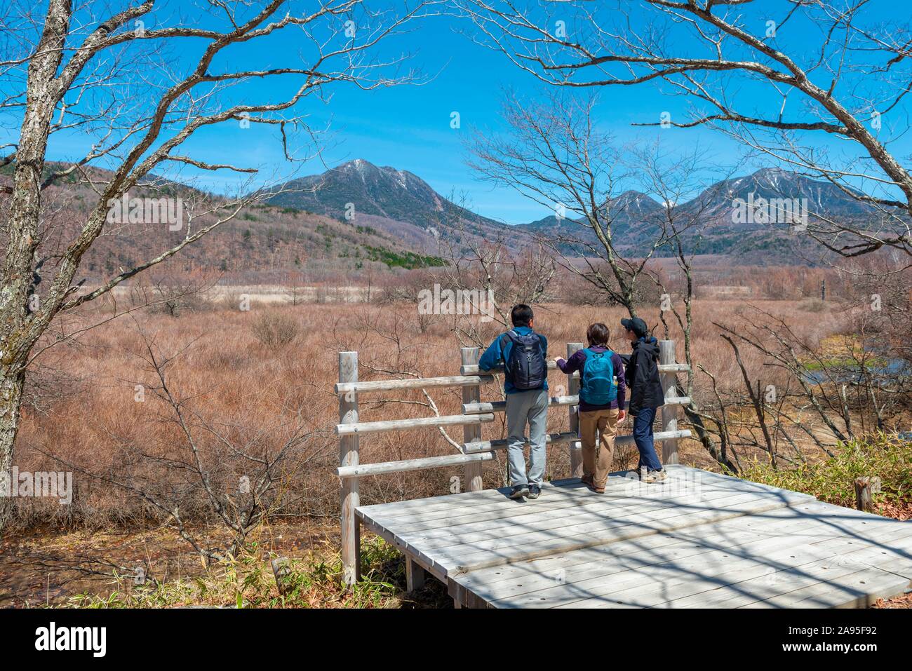 I turisti giapponesi guardare nella natura, Senjogahara Marsh, Parco Nazionale di Nikko, Nikko, Prefettura di Tochigi, Giappone Foto Stock